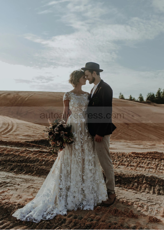 Cap Sleeves Ivory Lace Tulle V Back Outdoor Wedding Dress
